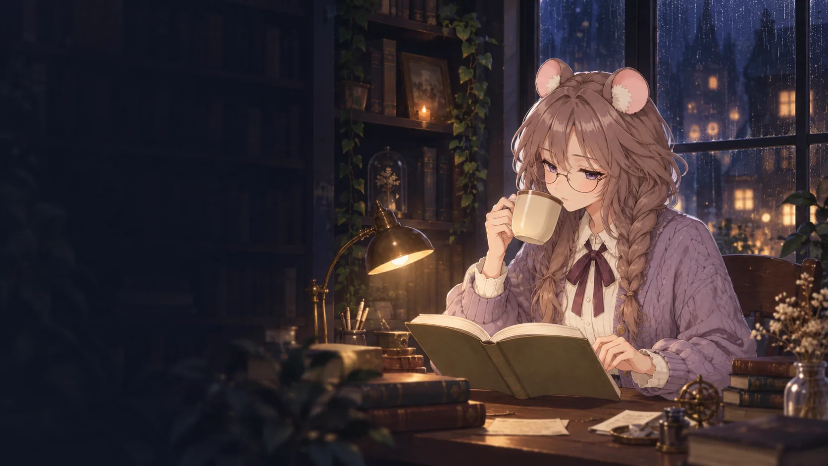 雨の夜、窓辺の机で本を読み、コーヒーカップを口元に添える灯乃